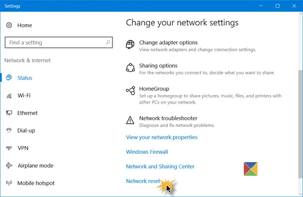 network reset windows 10