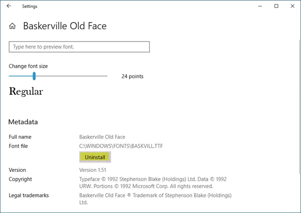 uninstall font windows 10
