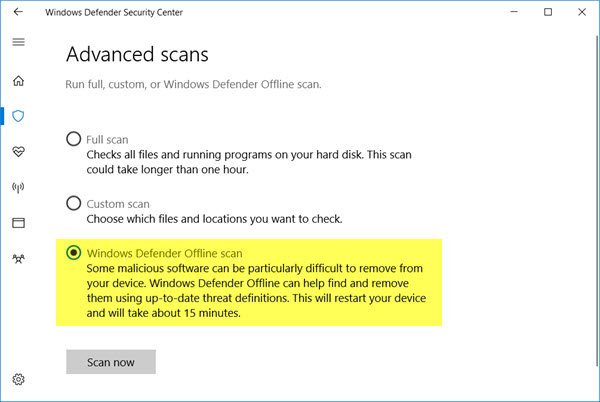 Windows Defender Offline Scan at boot time Windows 11/10