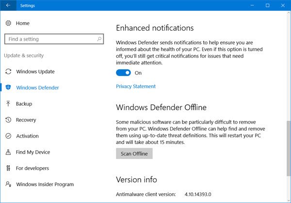 Perform Windows Defender Offline Scan at boot time in Windows 10
