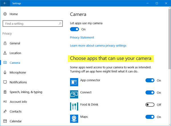 Choose which Apps can use my web camera 