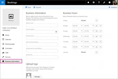 Microsoft Bookings Business Information Page