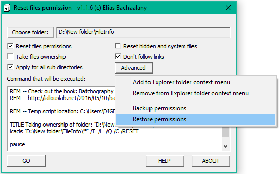 How to reset NTFS file permissions in Windows using Graphical Utility