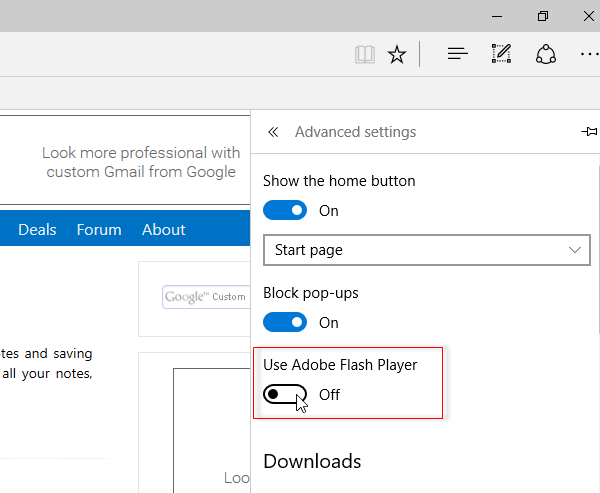 disable flash in Microsoft Edge
