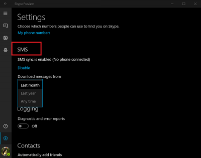 Enable SMS Sync between Windows 10 & Skype