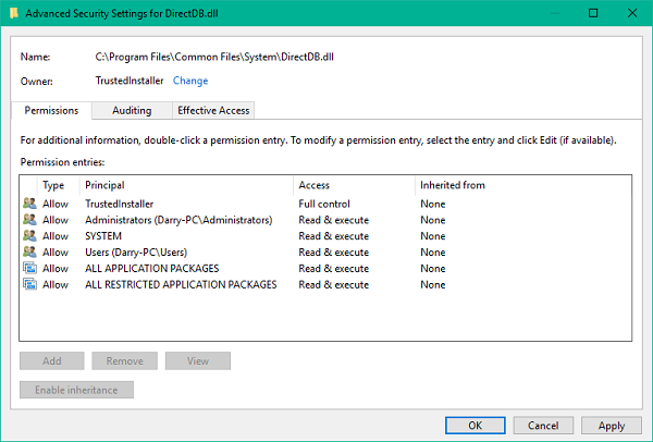 How to restore TrustedInstaller permissions to default in Windows 10