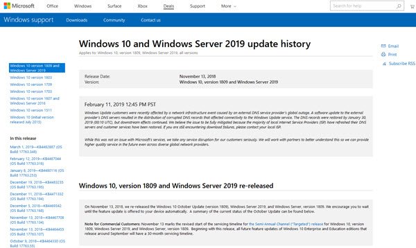 Windows 10 Update History page