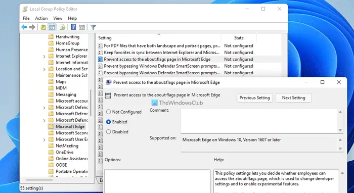 How to disable about:flags page in Microsoft Edge web browser