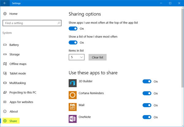 Enable Share settings page