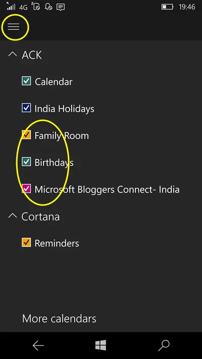 remove Facebook birthdays from Calendar windows 10 mobile phone