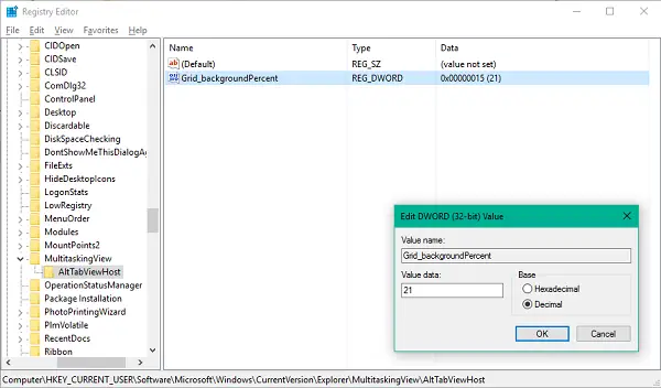 How to adjust the transparency level in Alt-Tab Grid Box for Windows 10