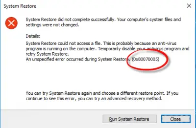 System Restore failed & did not complete successfully