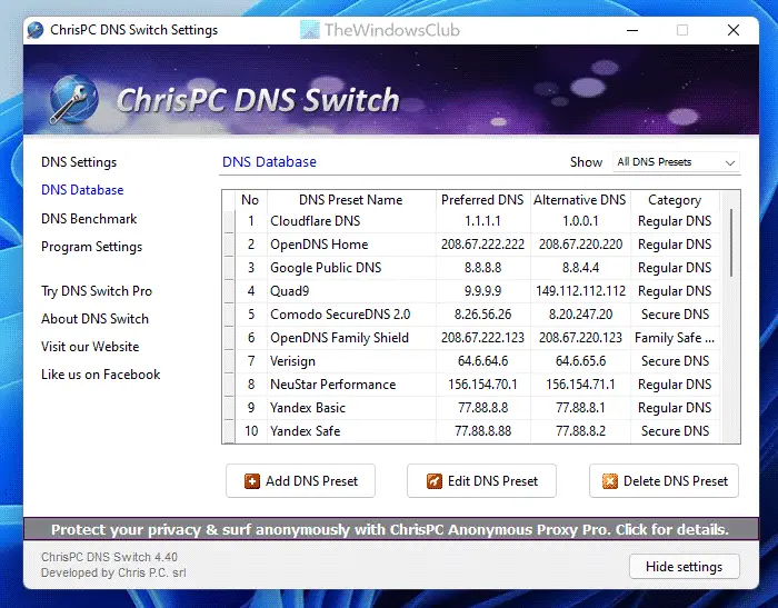 ChrisPC DNS Switch lets you quickly change DNS Server