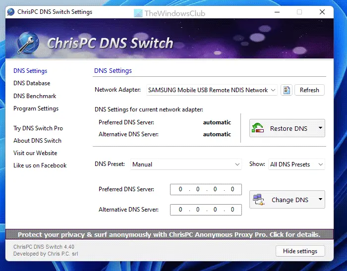 ChrisPC DNS Switch lets you quickly change DNS Server
