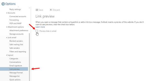 disable link preview in Outlook web