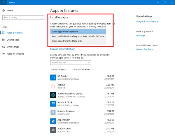 Application Installation Control windows 10