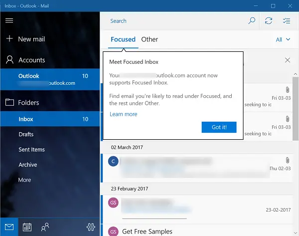 Enable Focused Inbox in Windows 10 Mail App 1