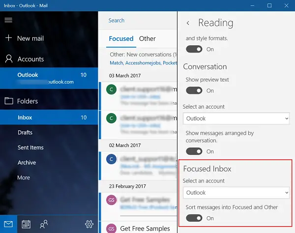Disable Focused Inbox in Windows 10 Mail App