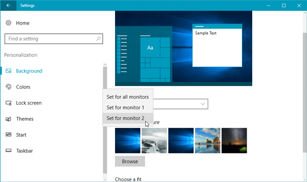 Set different wallpaper on different monitor in dual monitor setup in Windows 10