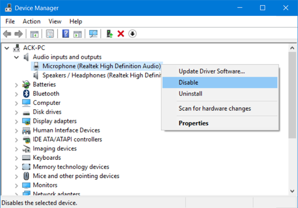 disable turn off microphone windows 10