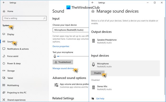 disable microphone windows 10