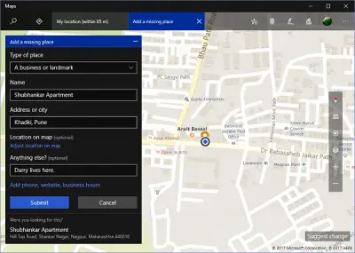 How to suggest a change for missing or inaccurate place in Windows Maps