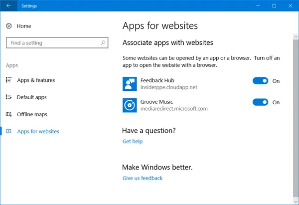 Apps for websites on Windows 10