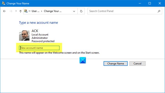 Change User Account Name Windows 10