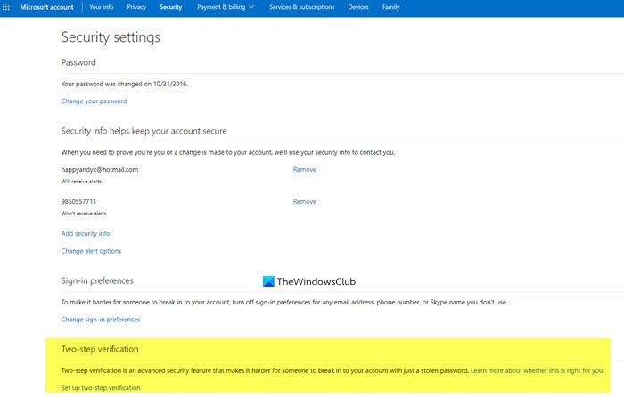 Enable 2-step verification in Microsoft Account