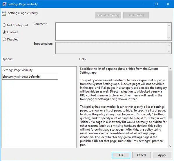 Hide Settings page in Windows 10 using Group Policy Editor