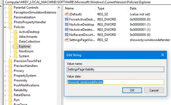 Hide Settings page in Windows 10 using Registry Editor