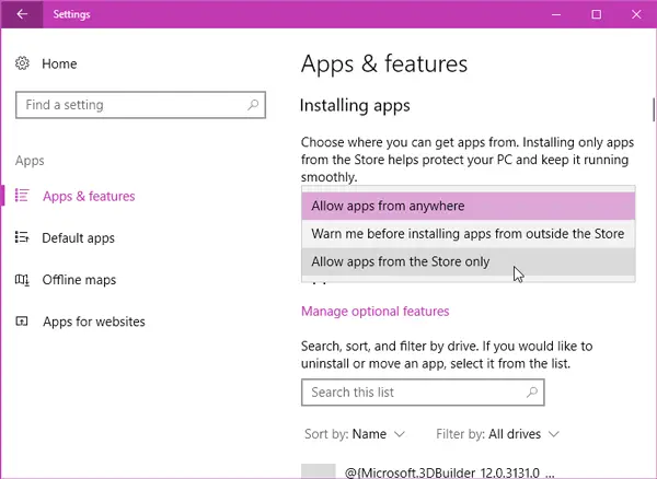 How to block third party app installation on Windows 10 Creators Update