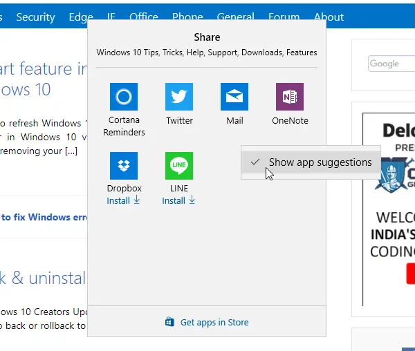 How to disable Share Suggestions in Windows 10 v1703