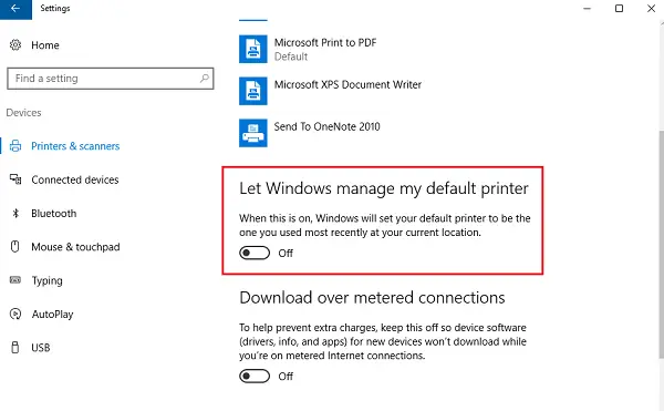 Let Windows manage my default printer