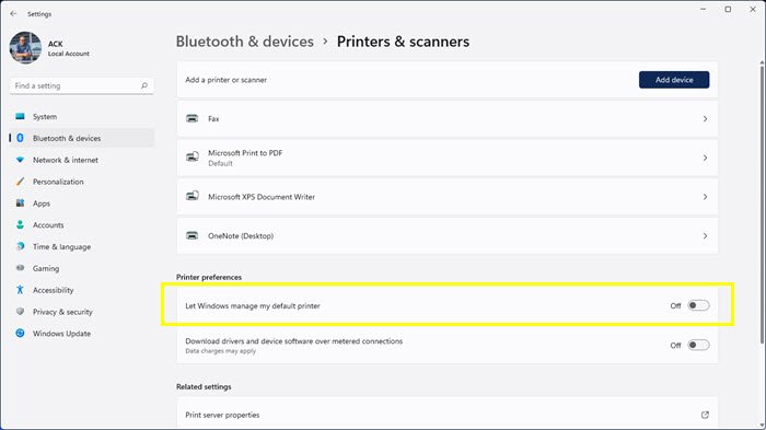 Let Windows manage my default printer