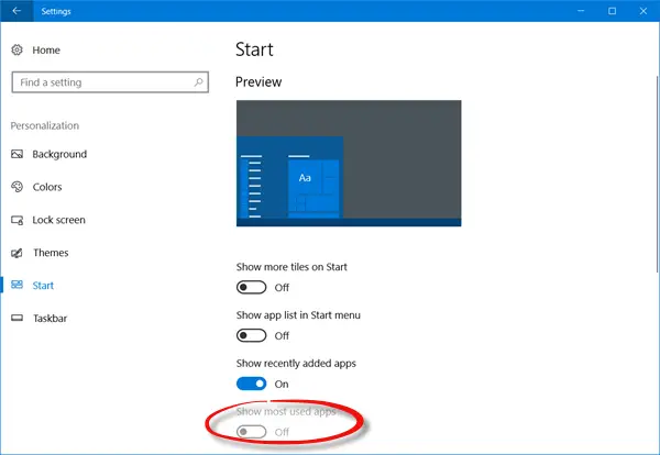 Show most used apps settings is disabled or greyed