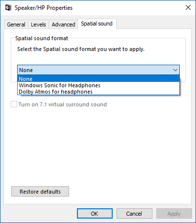 enable Windows Sonic surround sound in Windows 10