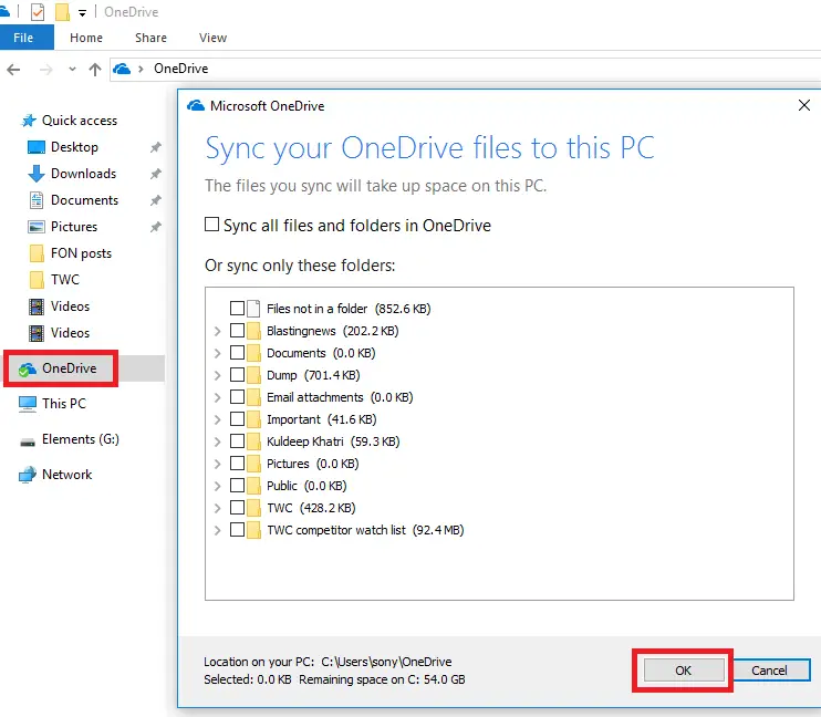 onedrive folder sync windows 10