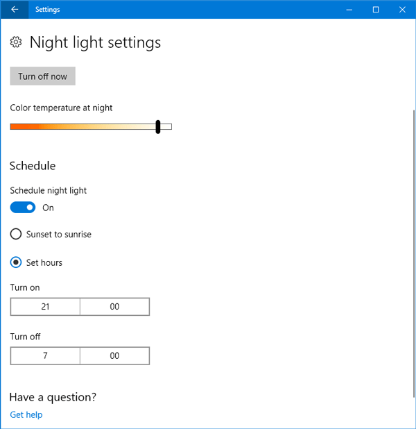 Turn On or Off Night Light in Windows 10