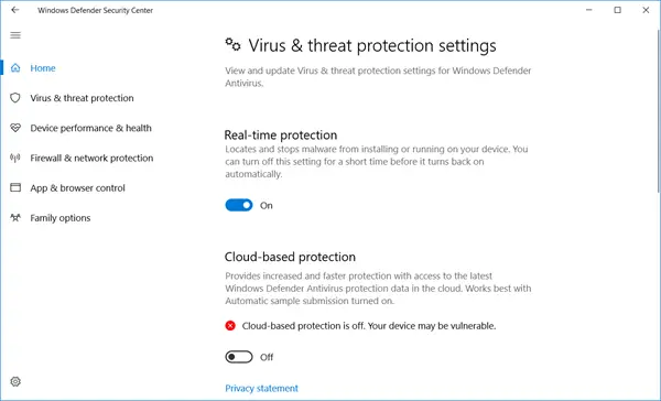 Turn off Real-time protection in Windows Security