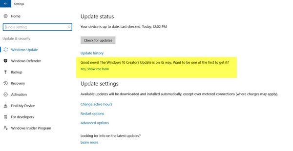 disable Windows Creators Update notice in Windows Update