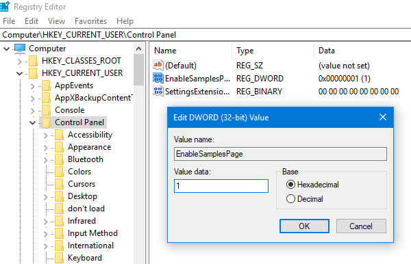 enable Samples page in Settings app on Windows 10