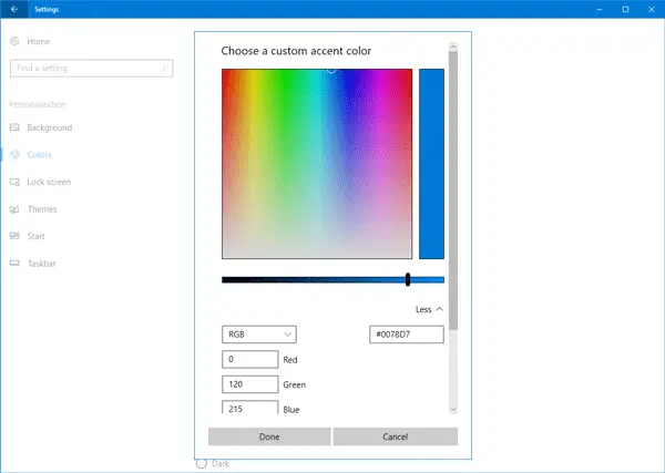 select custom color for Windows 10 Start Menu, Taskbar, Title Bar, and Action Center