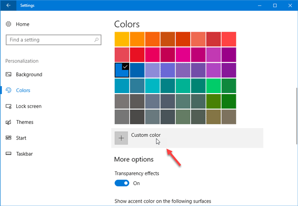 select custom color for Windows 10 Start Menu, Taskbar, Title Bar, and Action Center