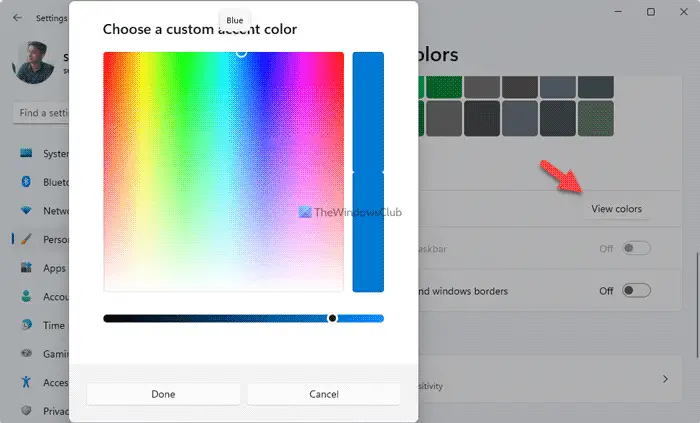 Select custom color for Windows 11 Start Menu, Taskbar, Title Bar, Action Center