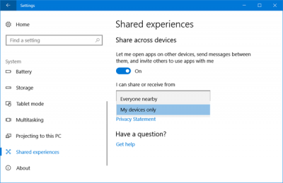 Microsoft has introduced a novel Shared Experiences characteristic inwards Windows Turn On or Off Shared experiences characteristic inwards Windows 10