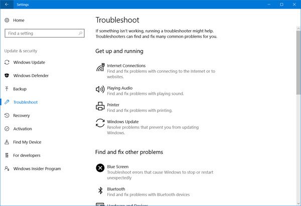 Troubleshoot page in Windows 10