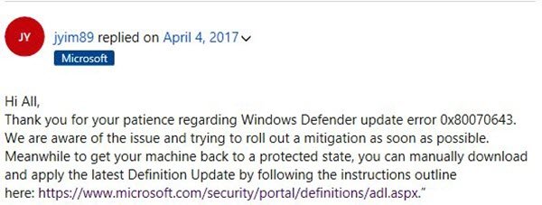 windows defender updates failing