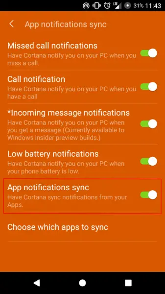 Sync notifications from Phone to PC using Cortana