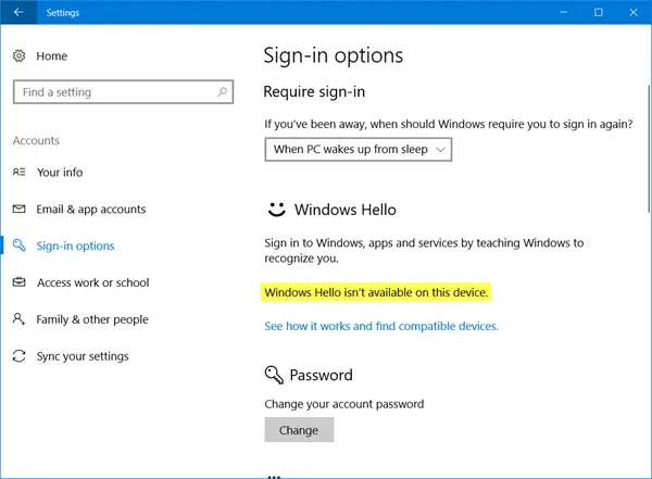 Windows Hello isn't available on this device